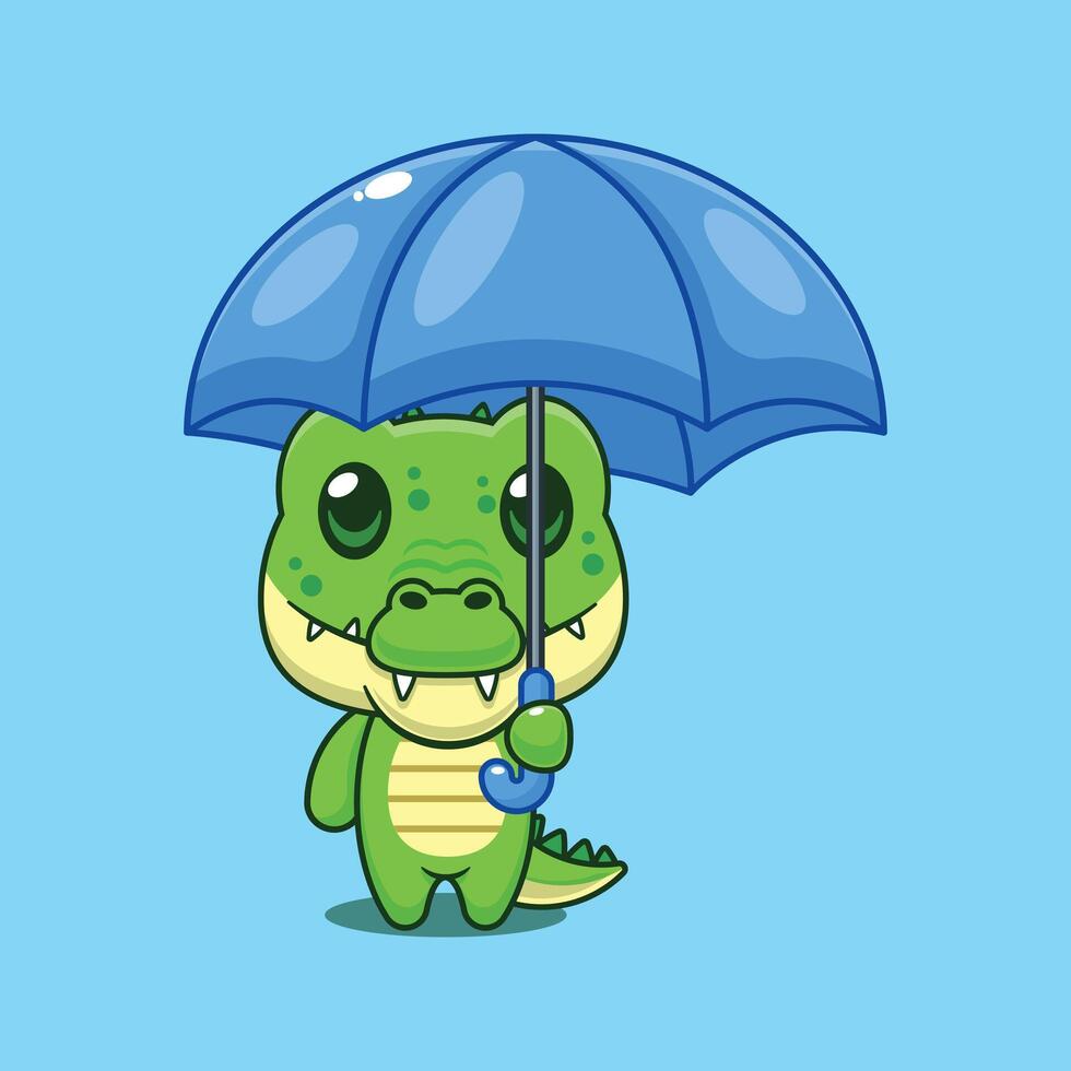 Cute crocodile holding umbrella cartoon illustration vector