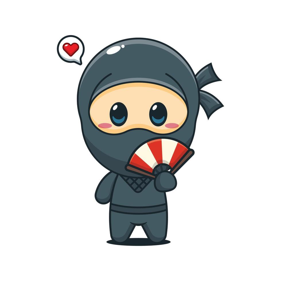 Cute ninja with hand fan cartoon illustration vector