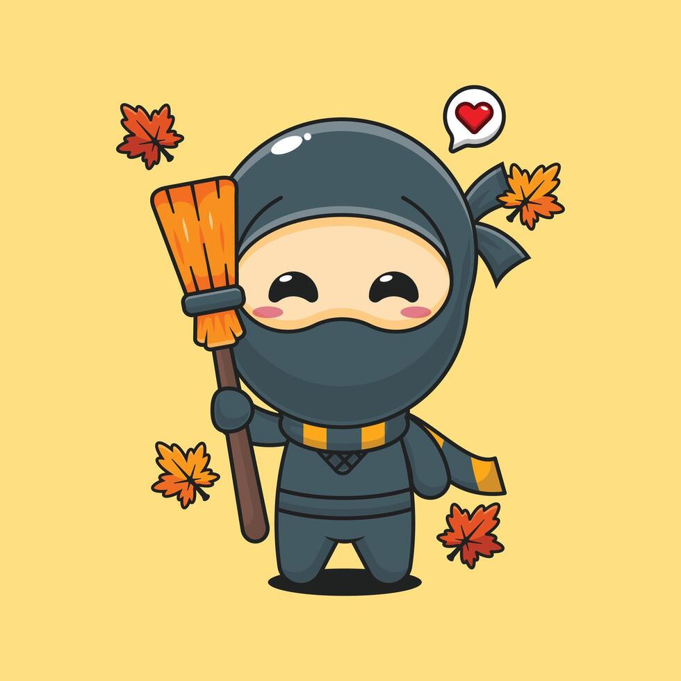 Cute ninja holding broom in autumn day cartoon illustration vector