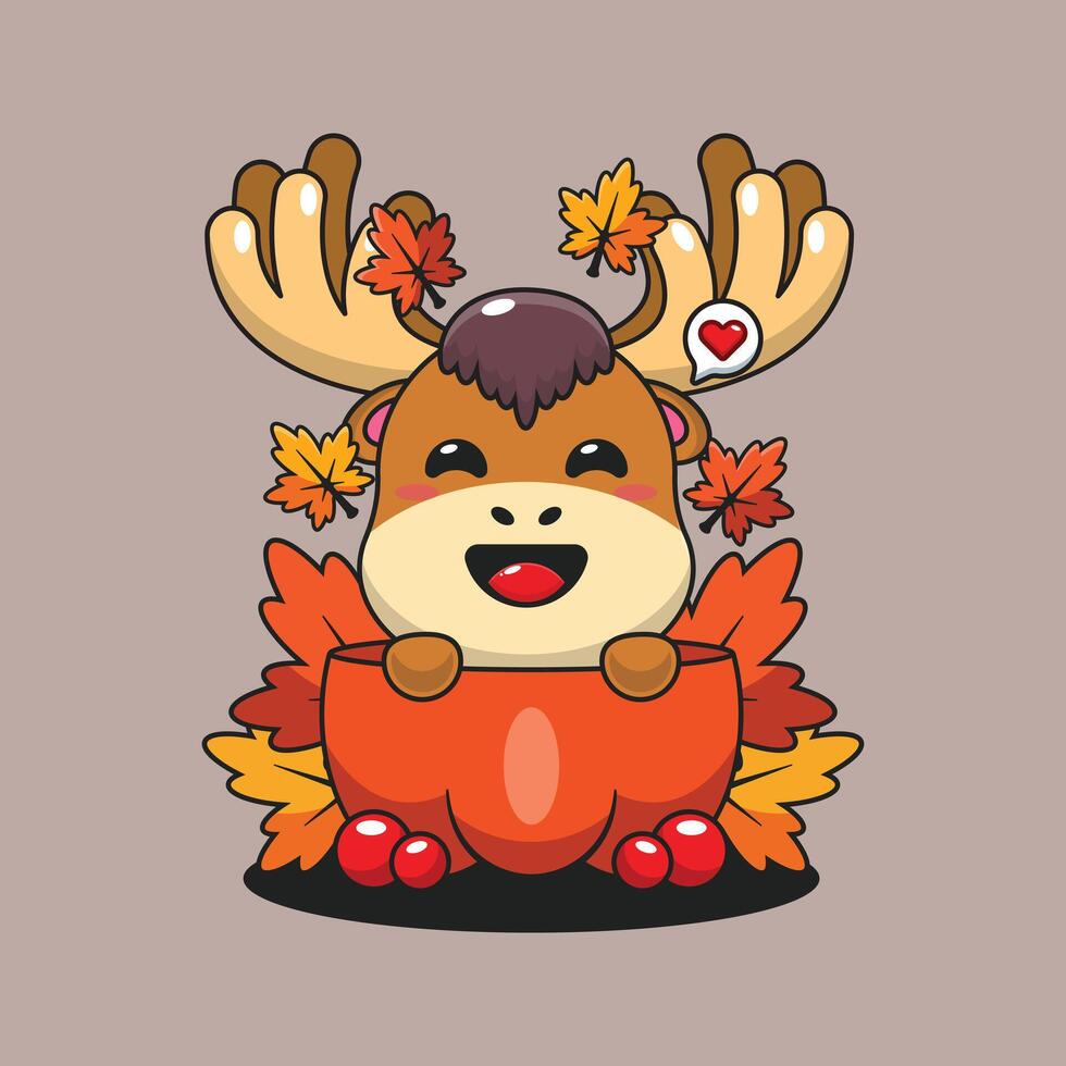 Cute moose in a pumpkin in autumn cartoon illustration vector
