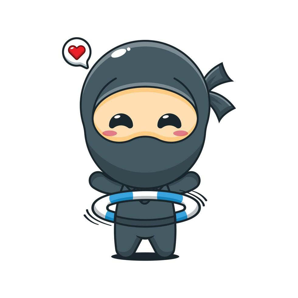 Cute ninja playing hula hoop cartoon illustration vector