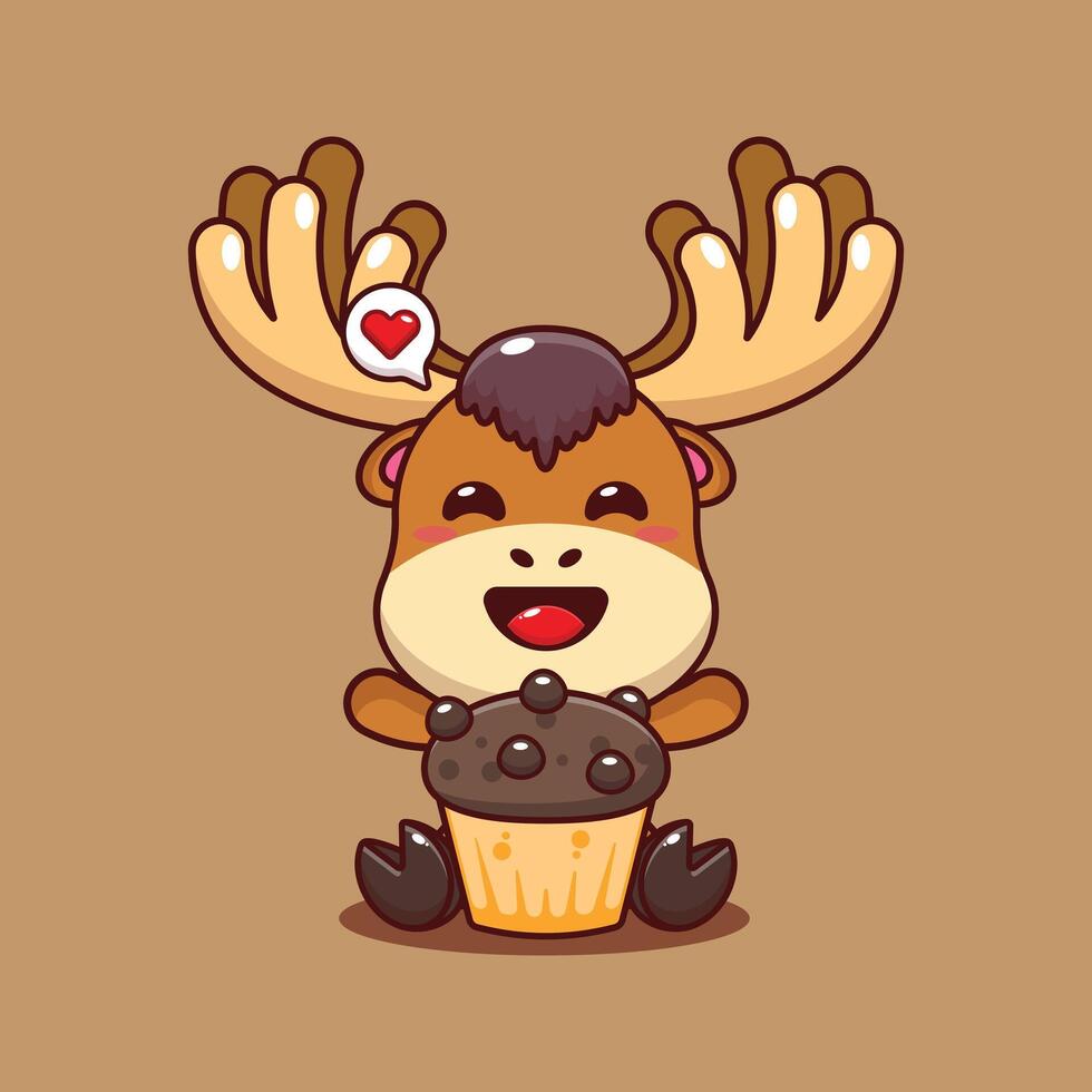 Cute moose with cup cake cartoon illustration vector
