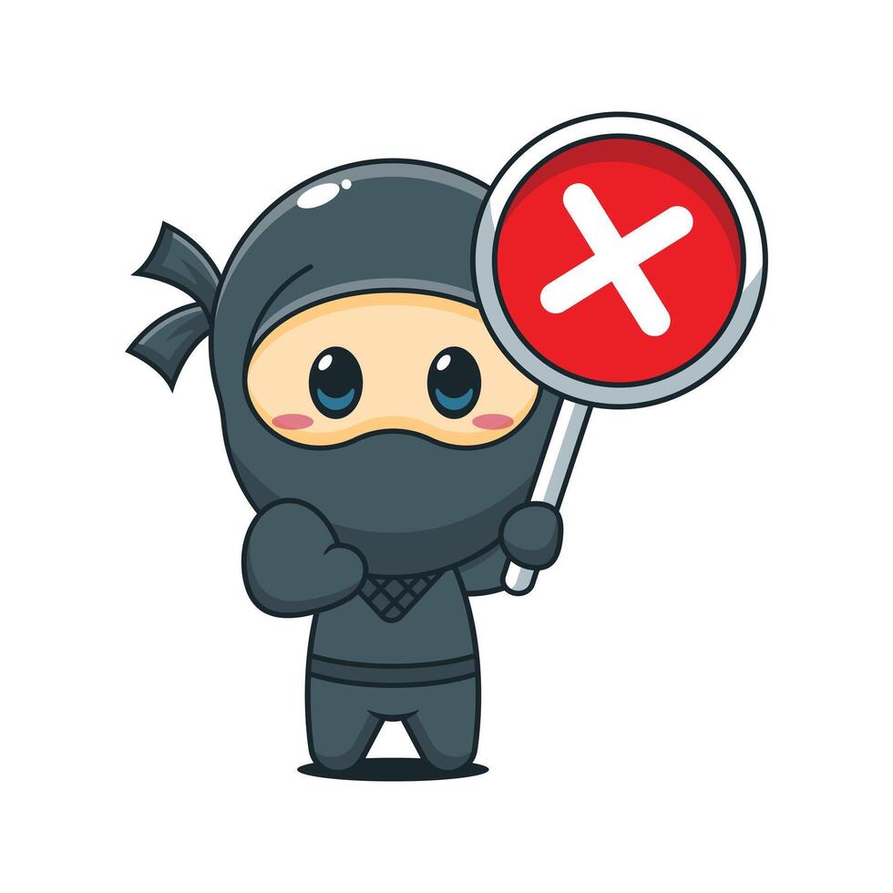 Cute ninja with wrong sign cartoon illustration vector