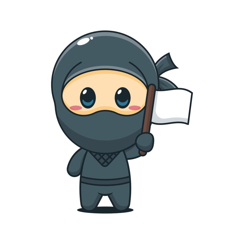 Cute ninja with flag cartoon illustration vector