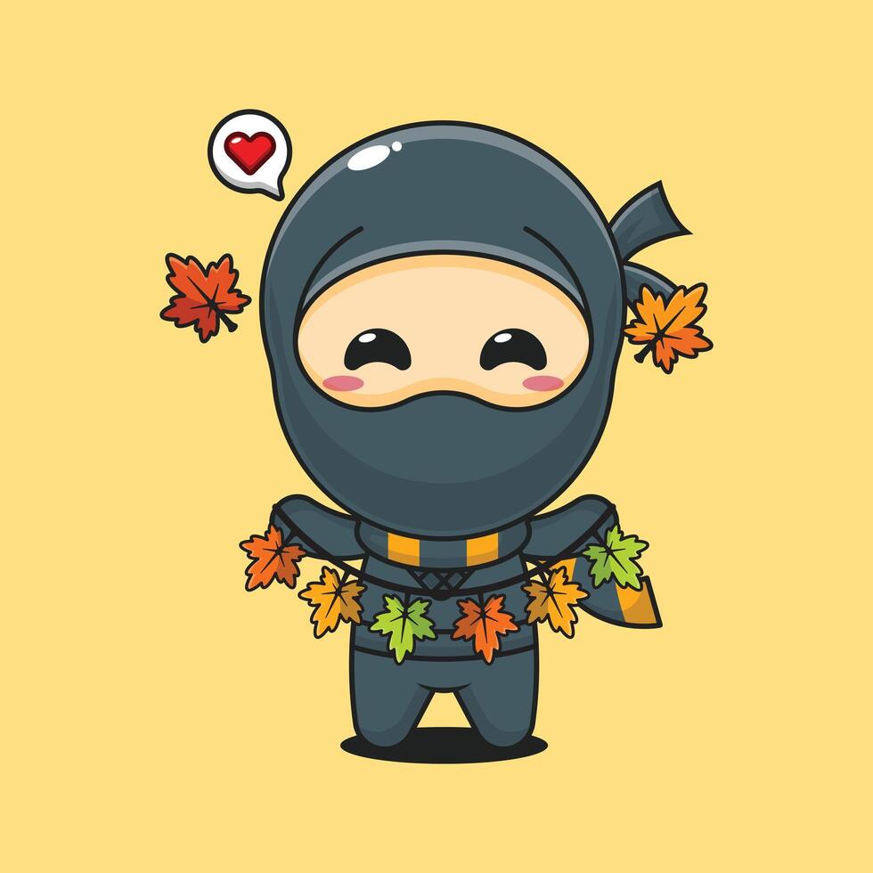 Cute ninja holding autumn leaf decoration in autumn day cartoon illustration vector