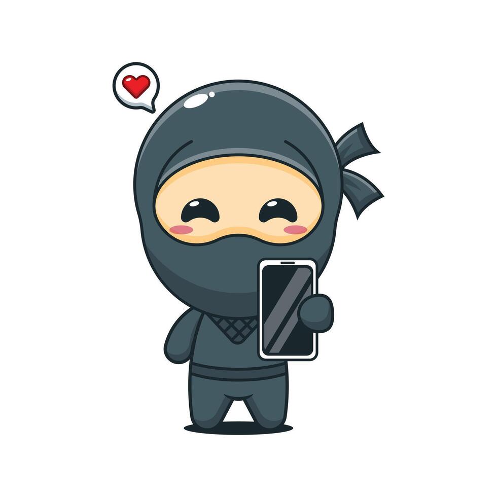 Cute ninja with mobile phone cartoon illustration vector