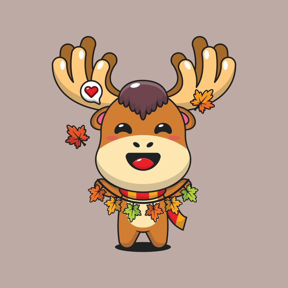 Cute moose holding autumn leaf decoration in autumn day cartoon illustration vector