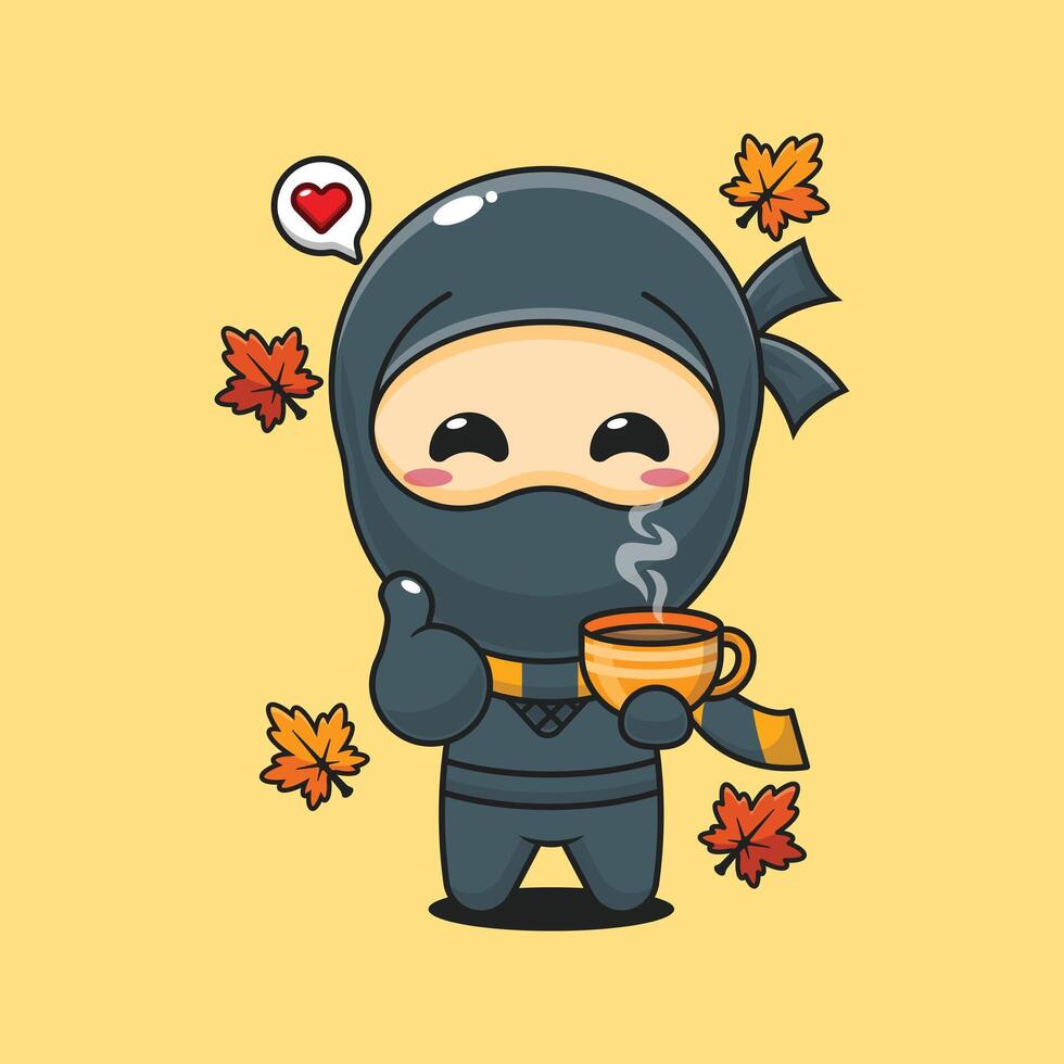 Cute ninja holding holding a cup of coffee in autumn day cartoon illustration vector