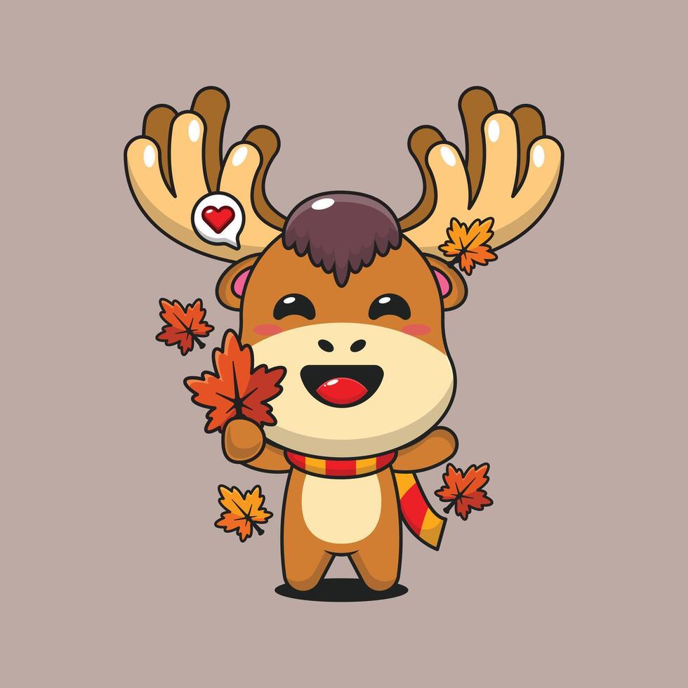 Cute moose holding maple leaf in autumn cartoon illustration vector