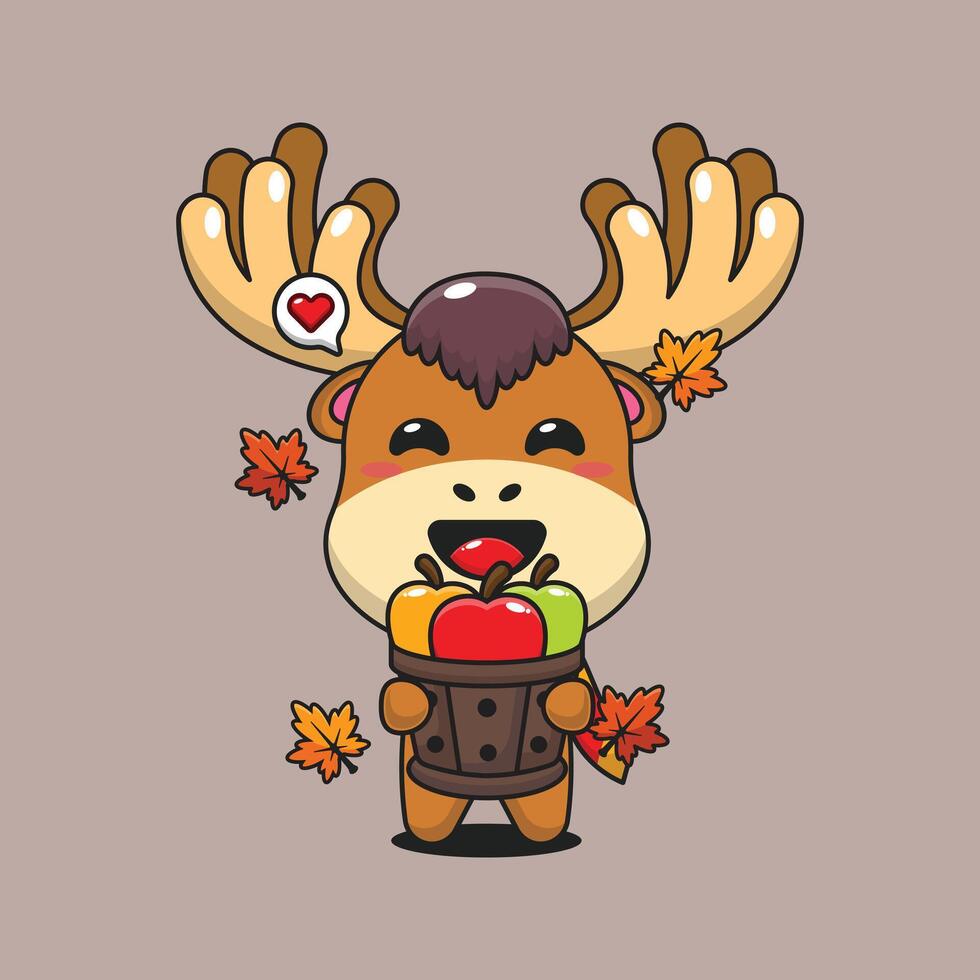 Cute moose holding a apple in wood bucket in autumn day cartoon illustration vector