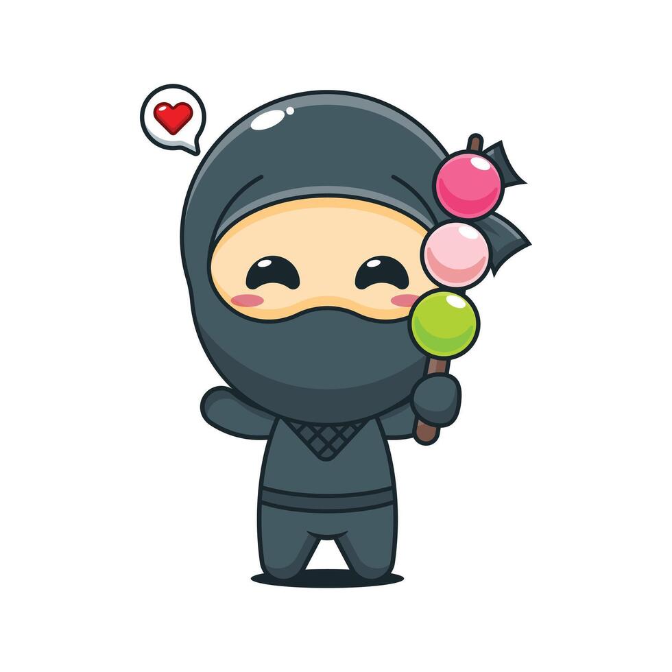 Cute ninja eating dango cartoon illustration vector