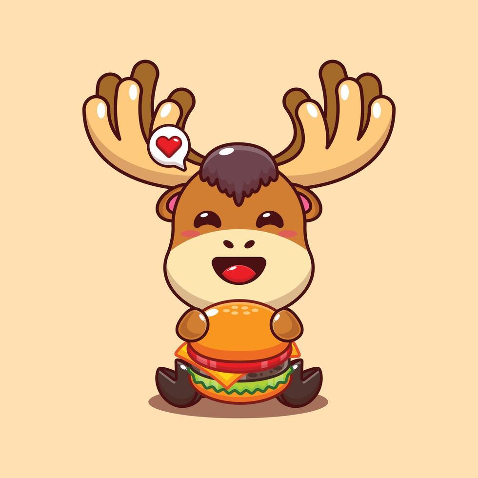 Cute moose with burger cartoon illustration vector