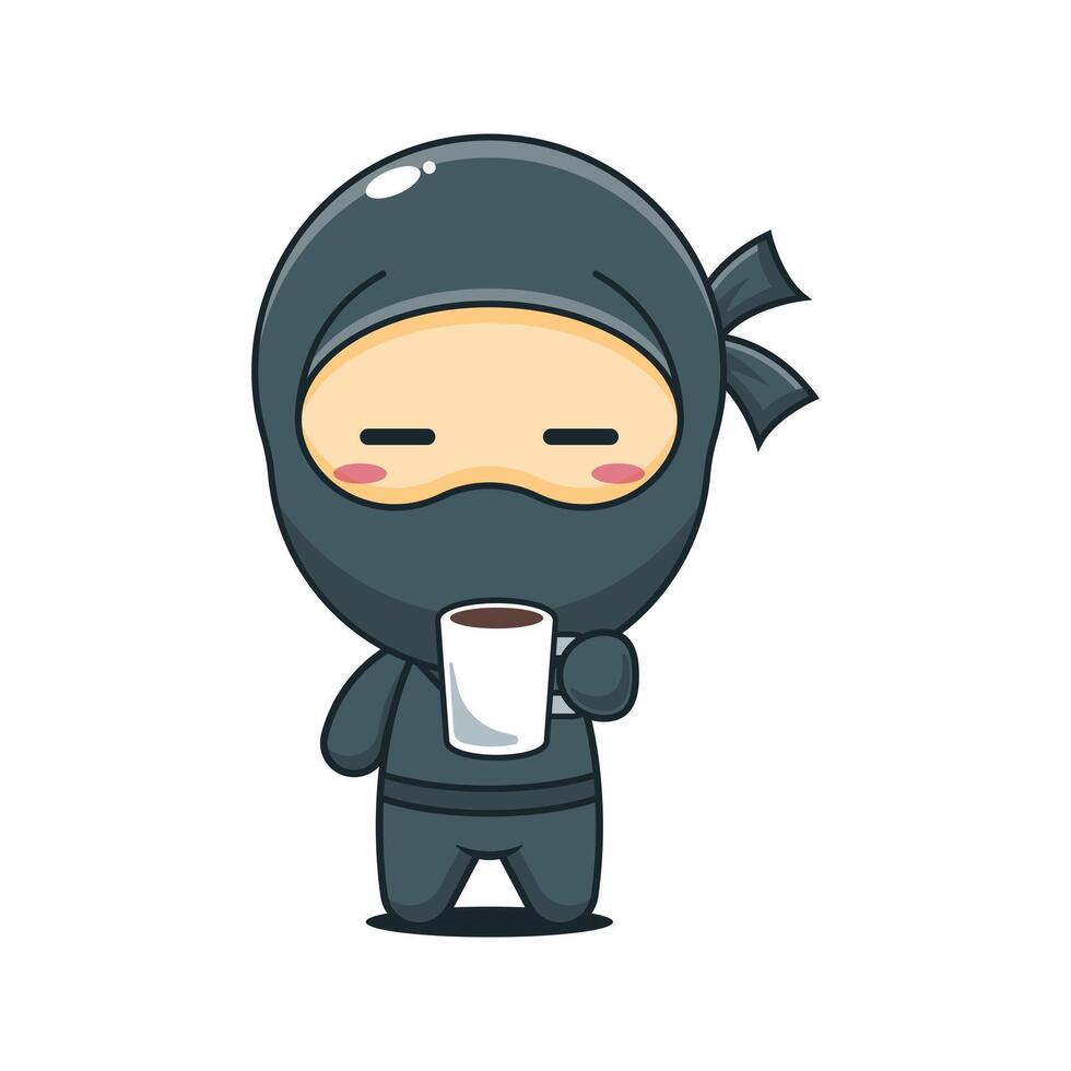 Cute ninja is tired and sleepy holding coffee cartoon illustration vector