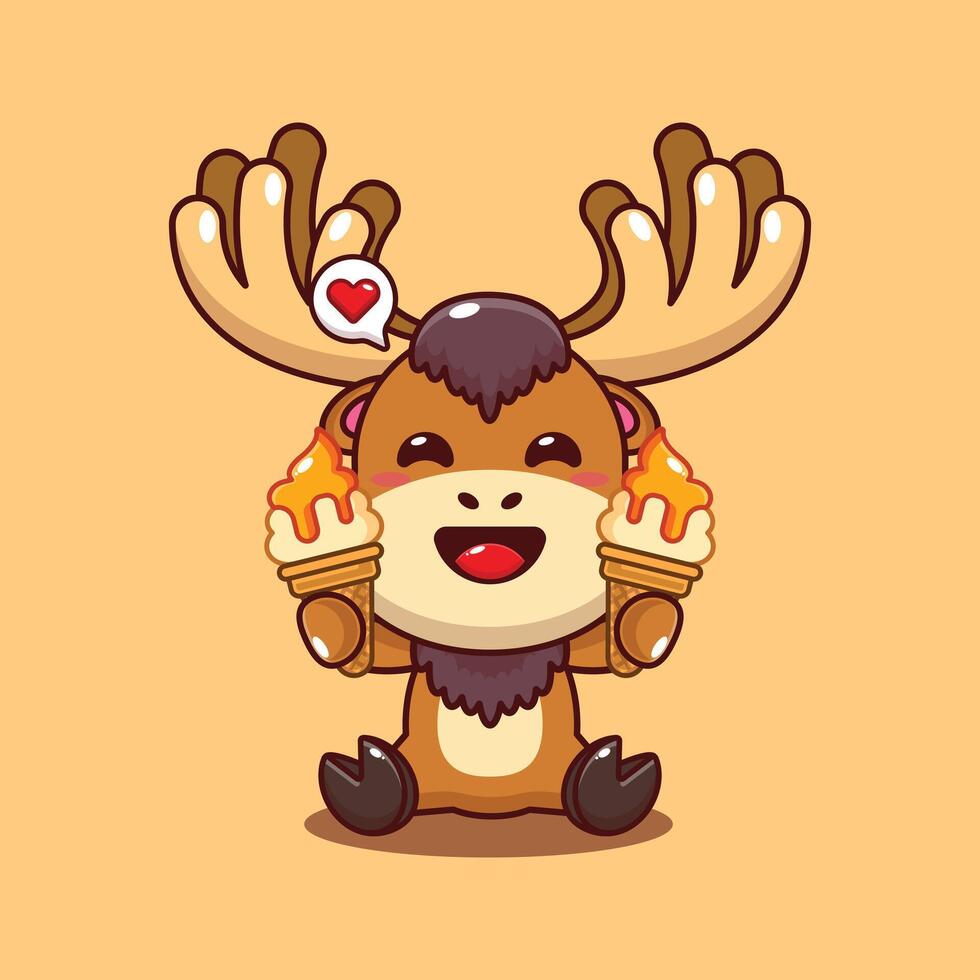 Cute moose with ice cream cartoon illustration vector