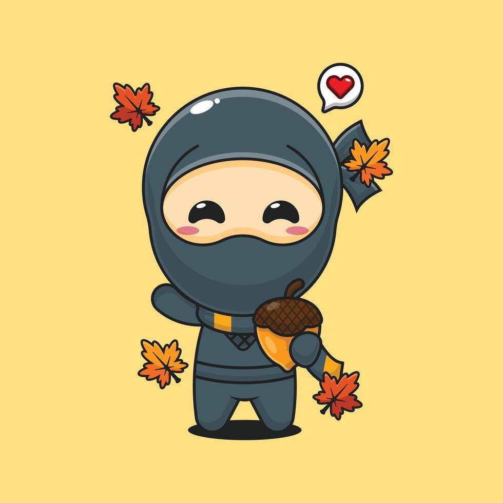 Cute ninja with acorns at autumn season in autumn day cartoon illustration vector