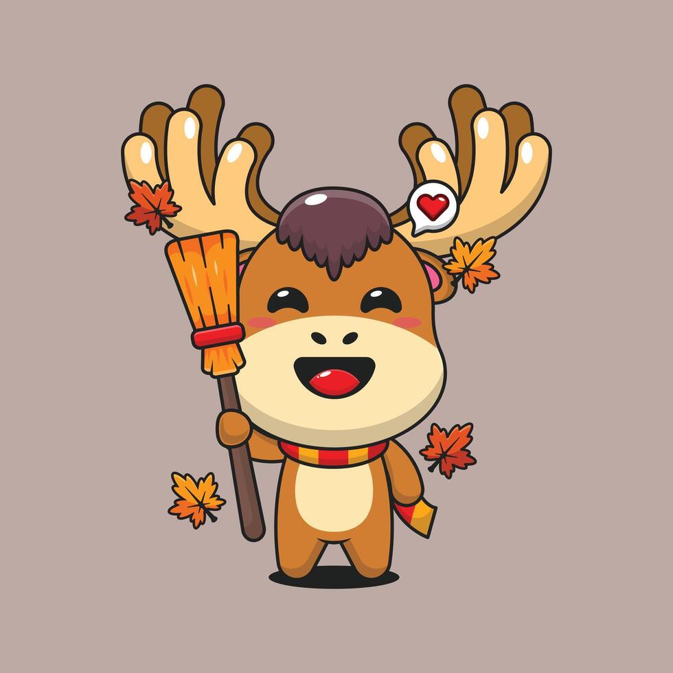 Cartoon moose with broom and leaves vector
