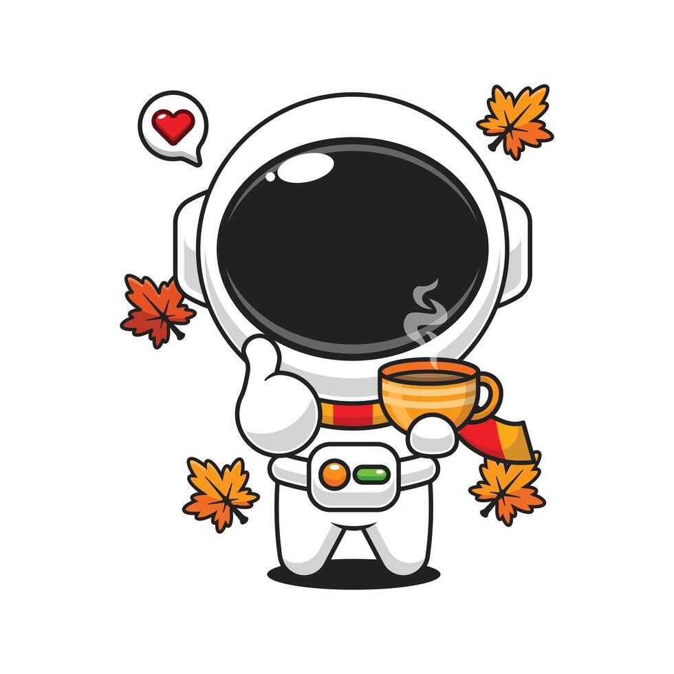 Astronaut with coffee and autumn leaves vector