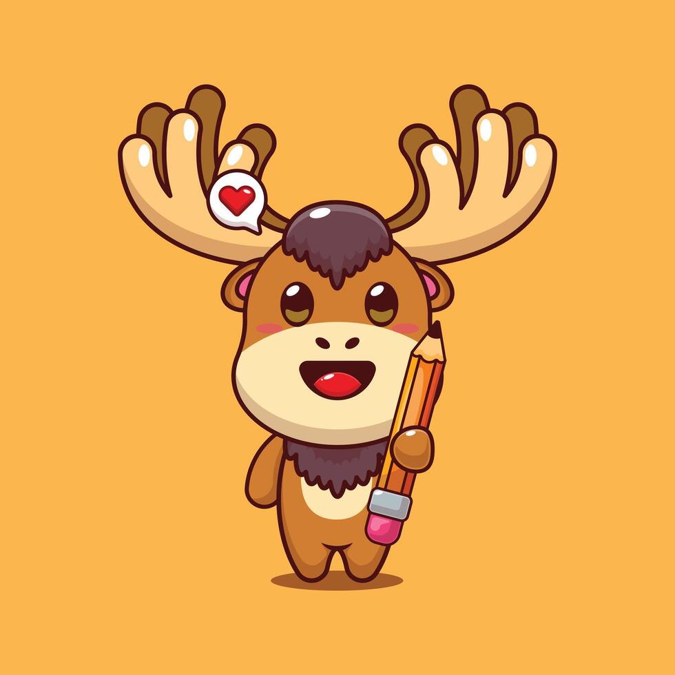 Cute moose holding pencil cartoon illustration vector