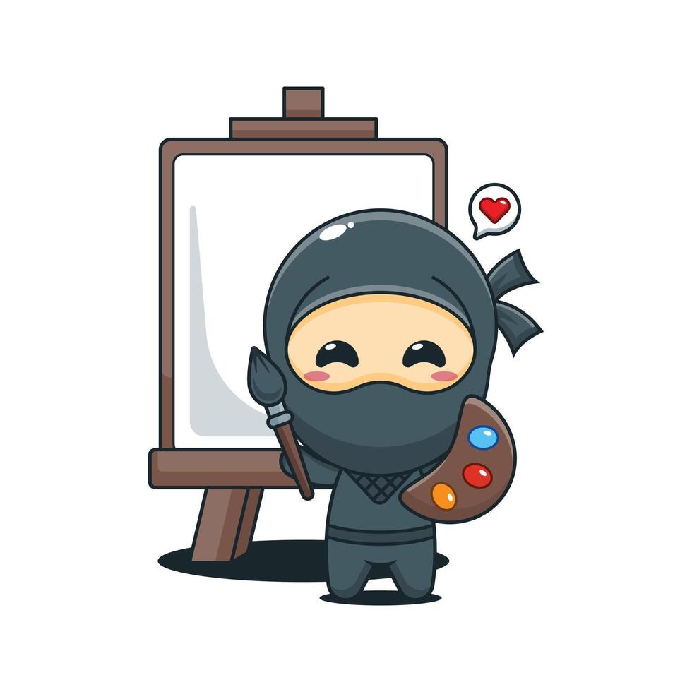 Cute ninja wants to paint on canvas cartoon illustration vector