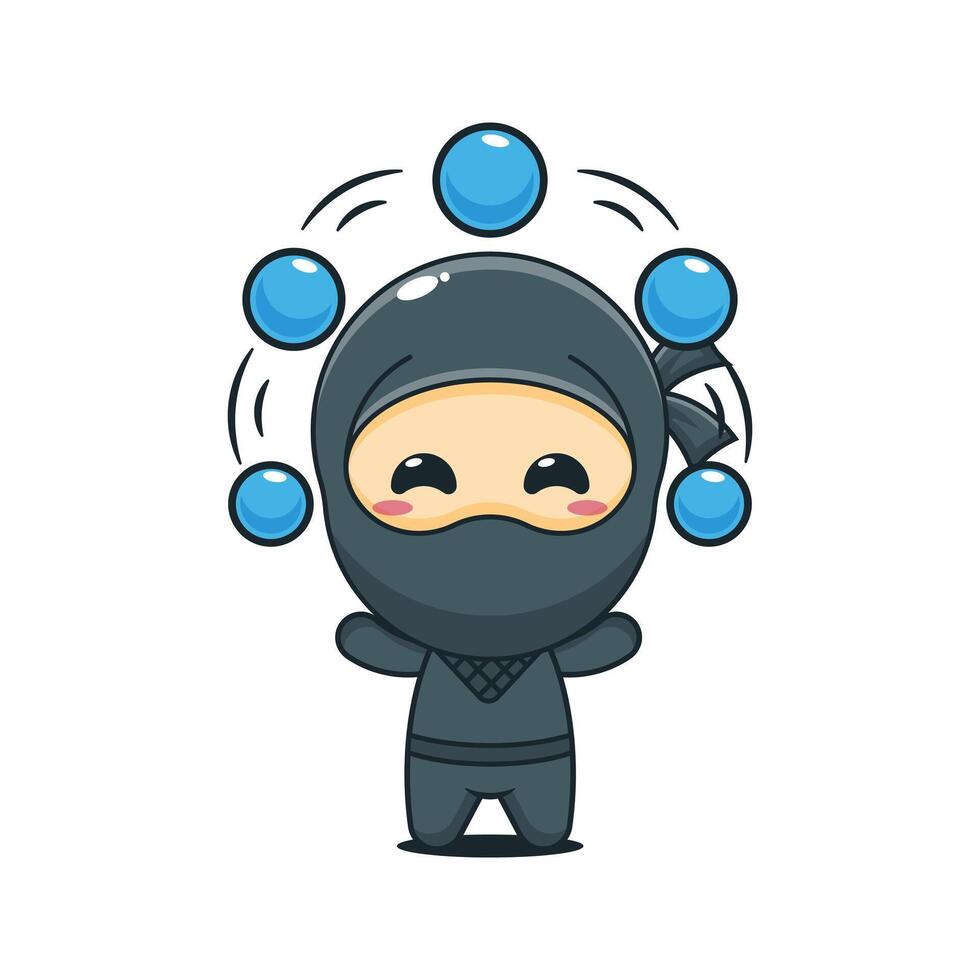 Cute ninja circus attraction with balls cartoon illustration vector