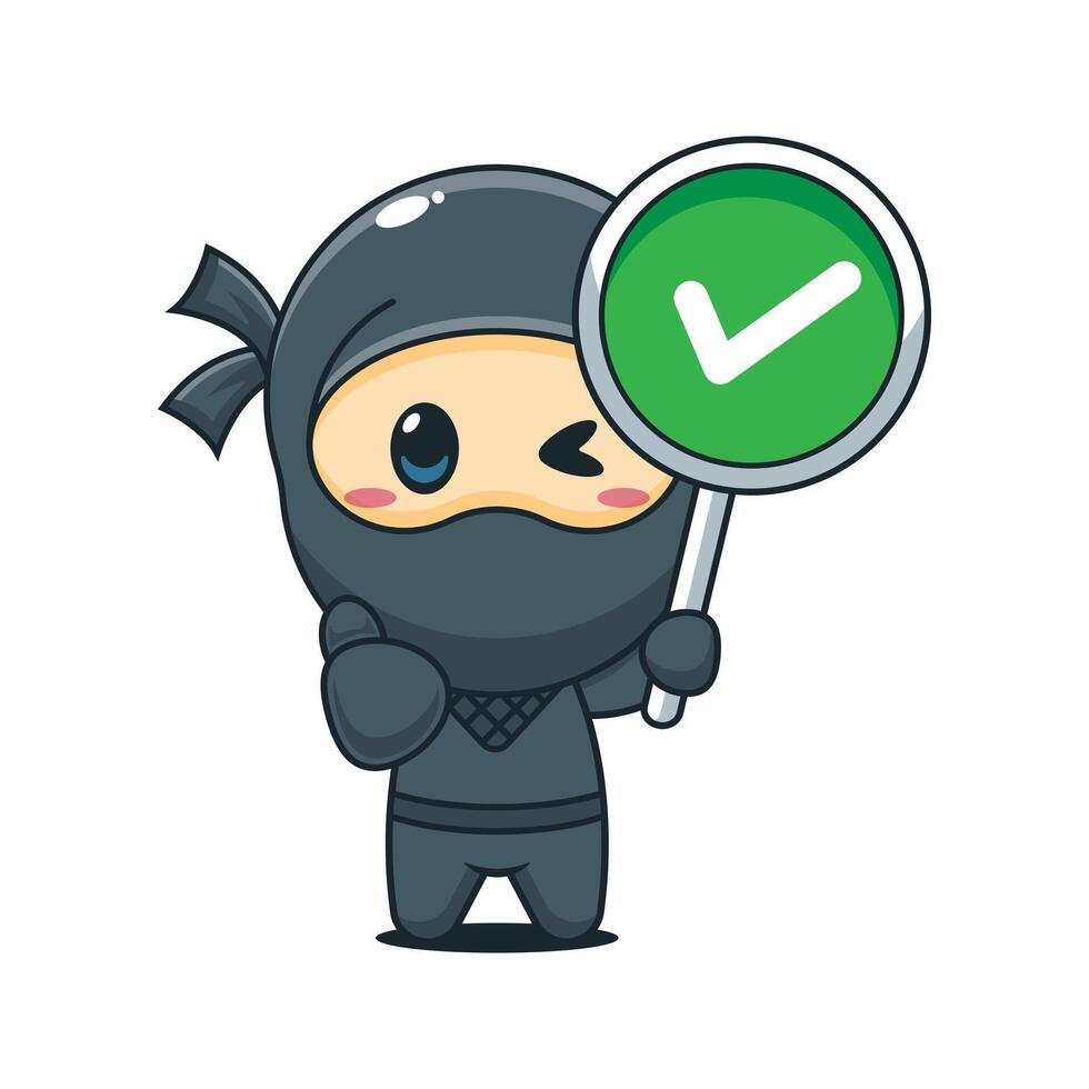 Cute ninja with correct sign cartoon illustration vector