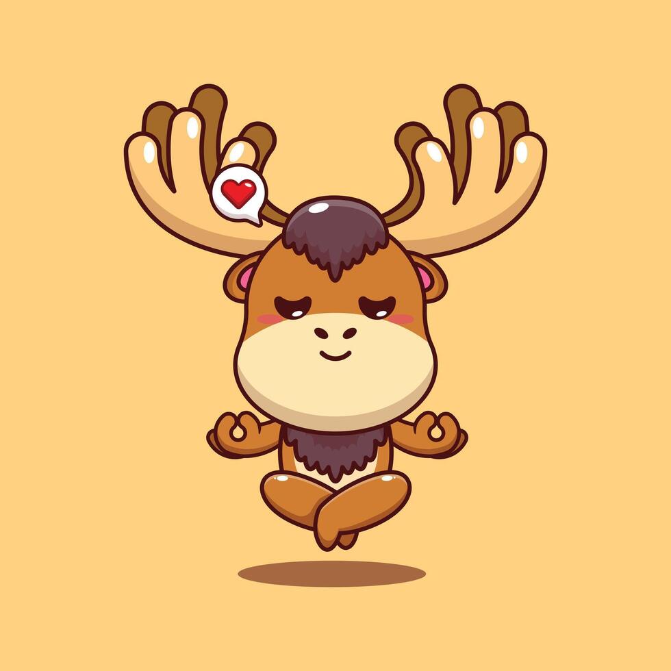 Cute moose doing meditation yoga cartoon illustration vector
