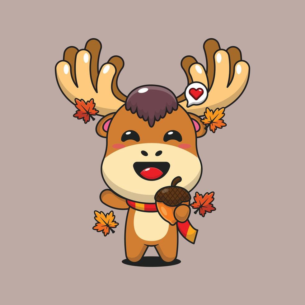 Cute moose with acorns at autumn season in autumn day cartoon illustration vector
