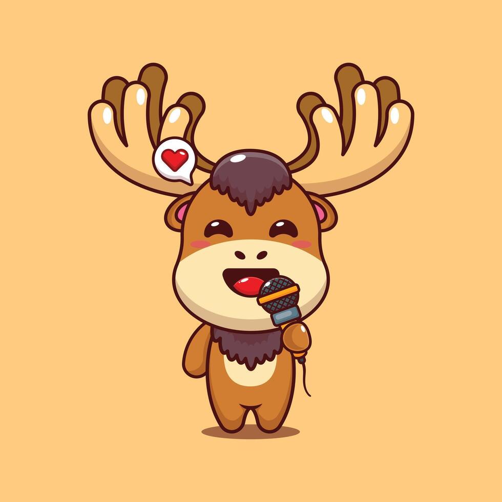 Cute moose holding microphone cartoon illustration vector