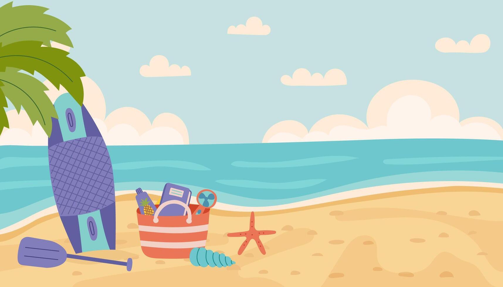 Beach with surfboard and palm tree vector