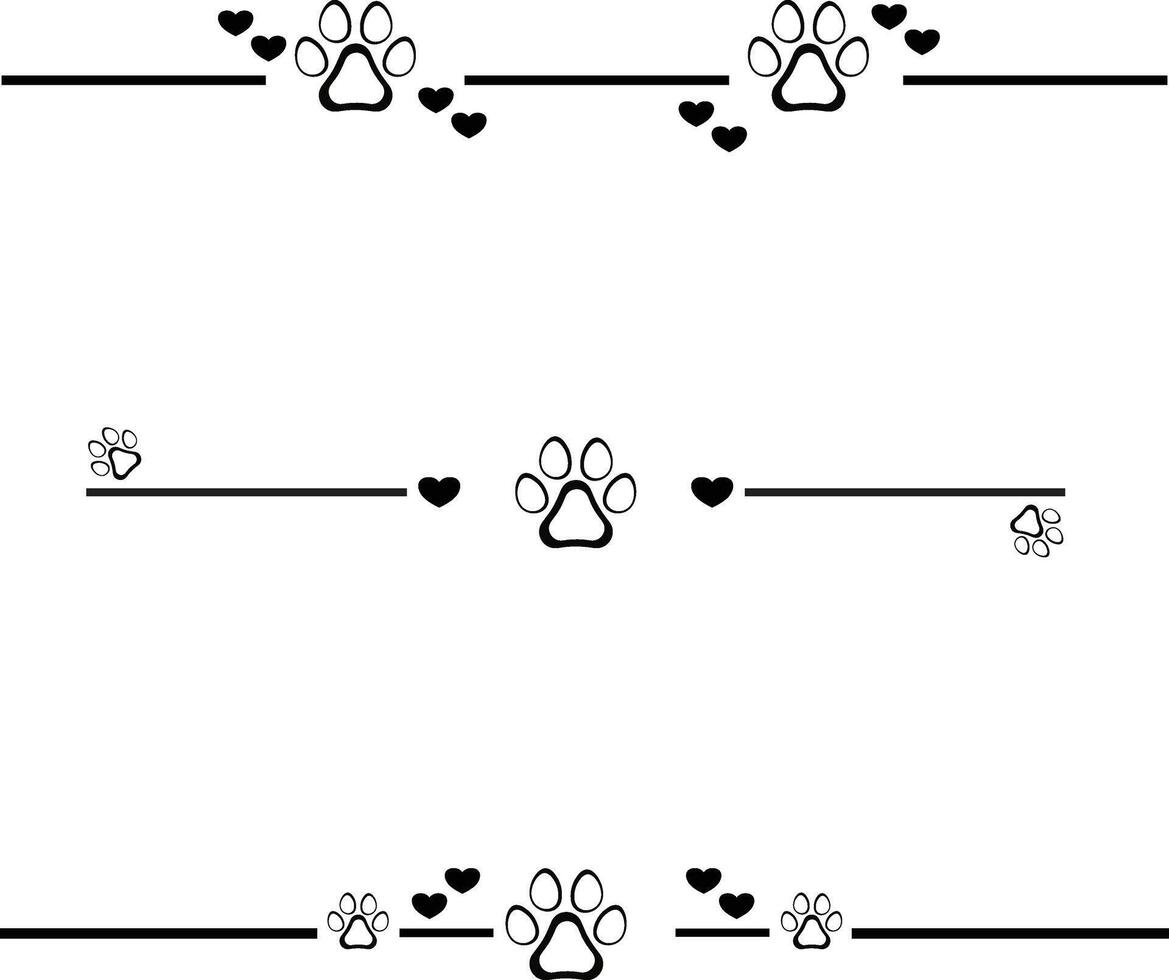 Paw Print text dividers, paragraph dividers, borders, frames and separators and heart animal divider vector
