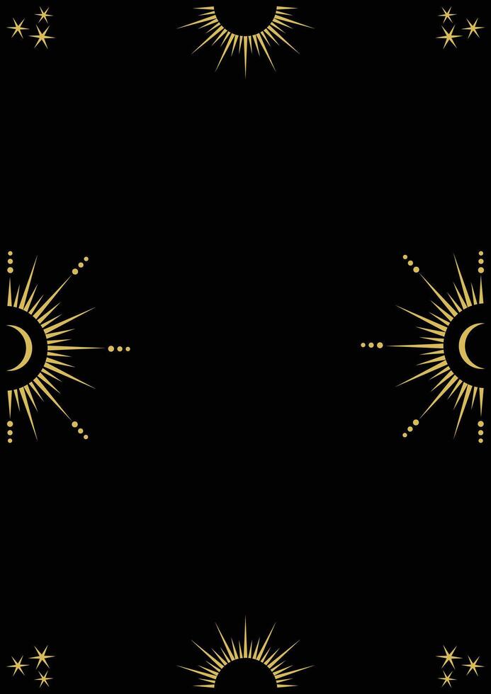 Celestial border with golden frame with stars, moon , sun, crescents, and copy space. Mystic linear background with place for text. vector