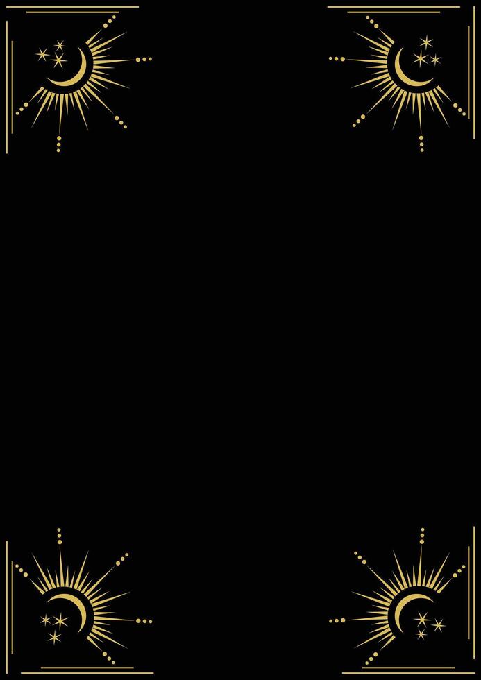 Celestial golden frame with stars, moon, crescents, and copy space. Mystical constellations border. Mystic linear background with place for text. vector