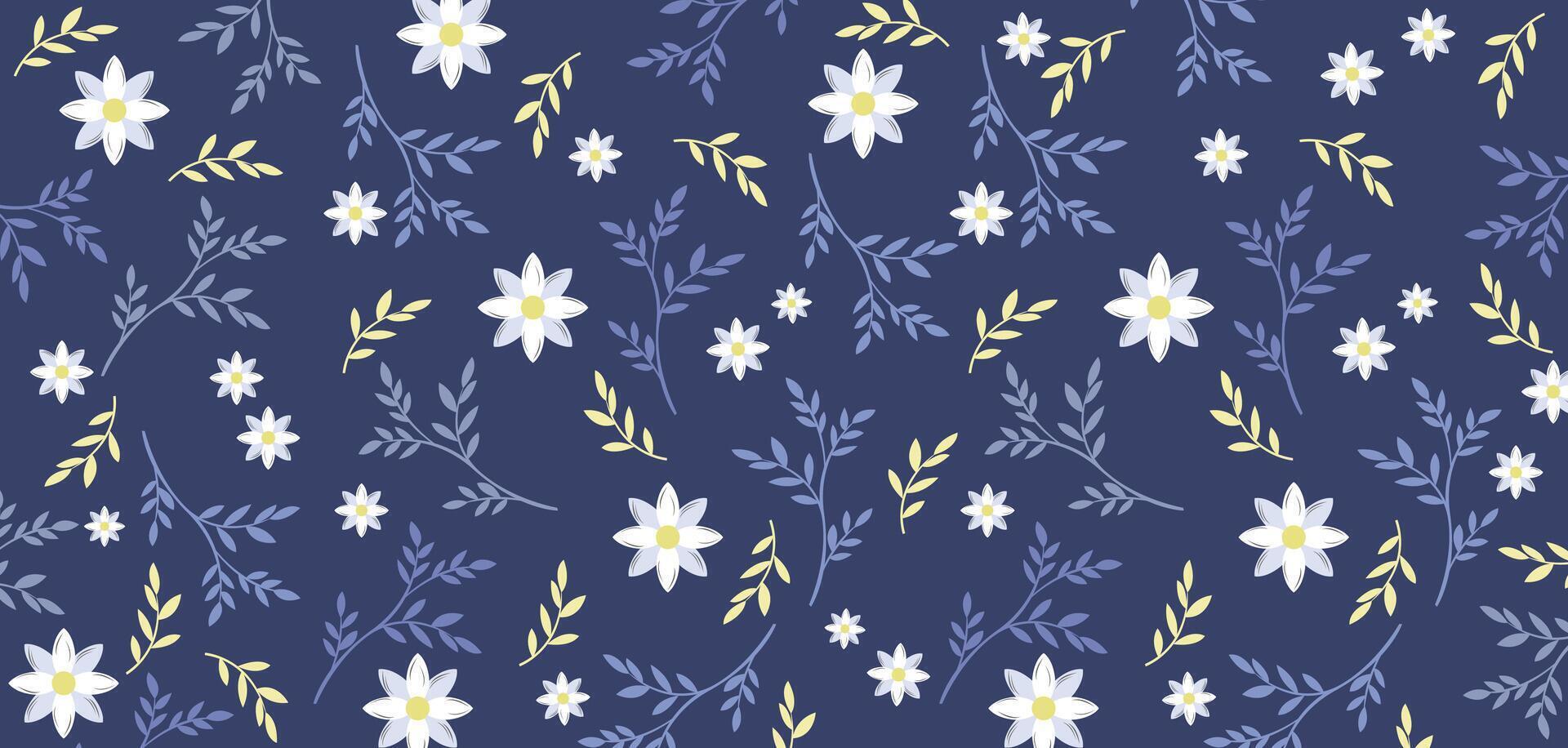 Blue floral pattern with white and yellow flowers and leaf design on blue background. Used for notebooks, wallpapers, backgrounds, journals, cards. vector