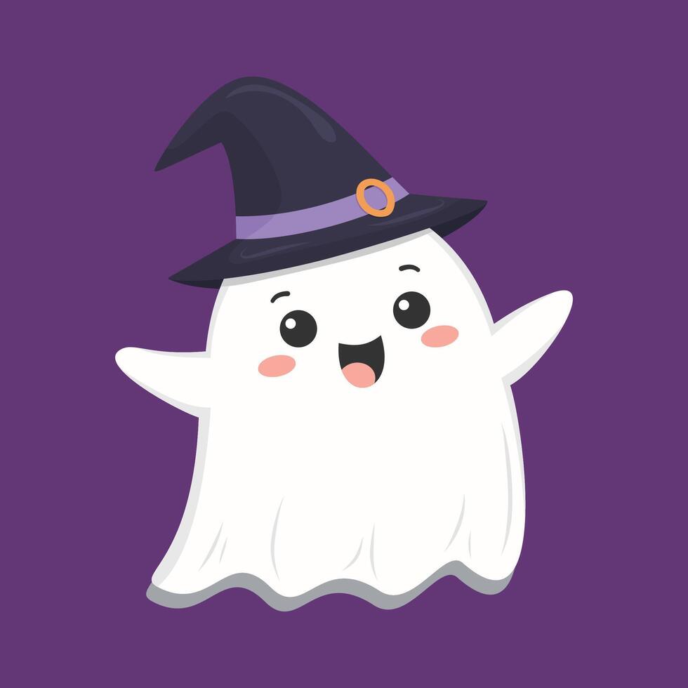 Happy ghost character wearing a witch hat, playful flat style, purple background, Halloween fun for kids vector