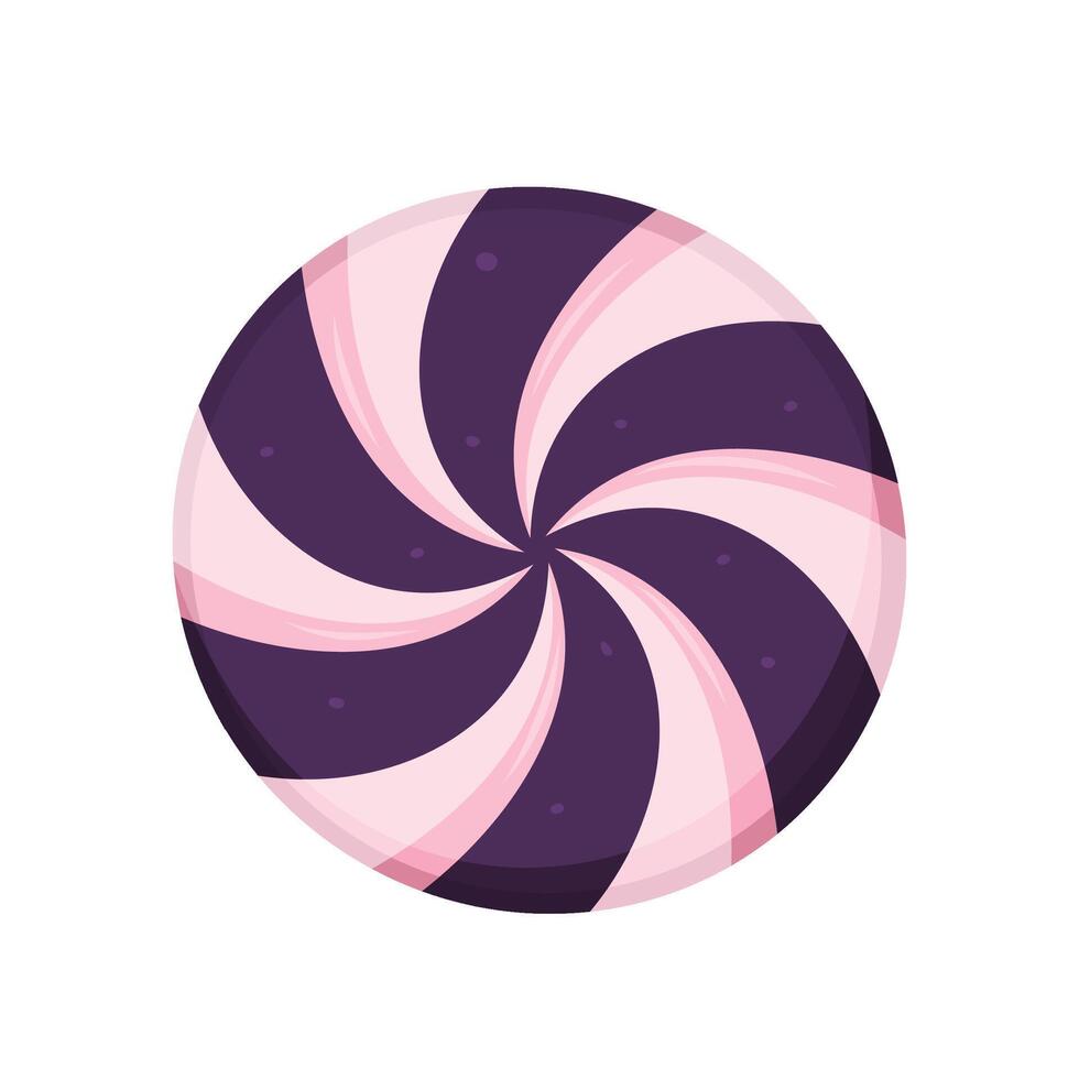 Round purple and pink swirl candy with glossy texture, flat style. Concept of sweet treats and confectionery design vector