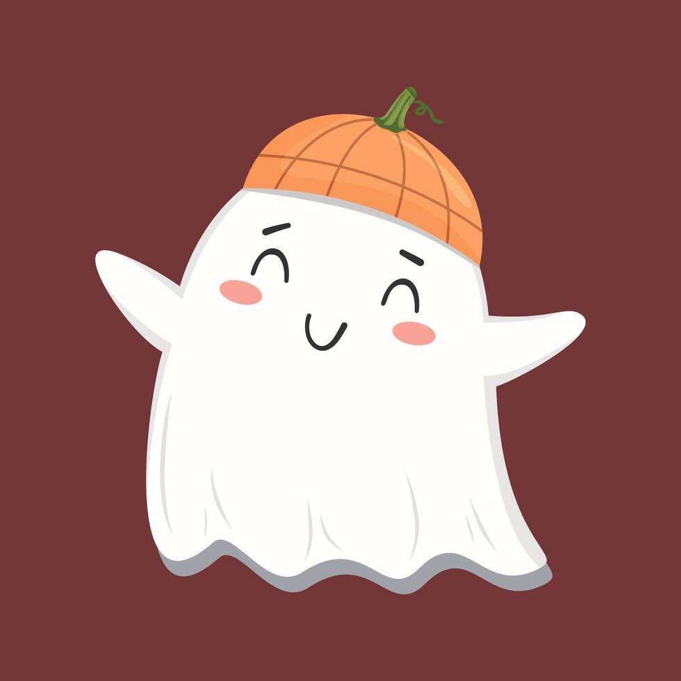 Ghost wearing a pumpkin hat, flat style on maroon background, Halloween, celebration, and fun character vector