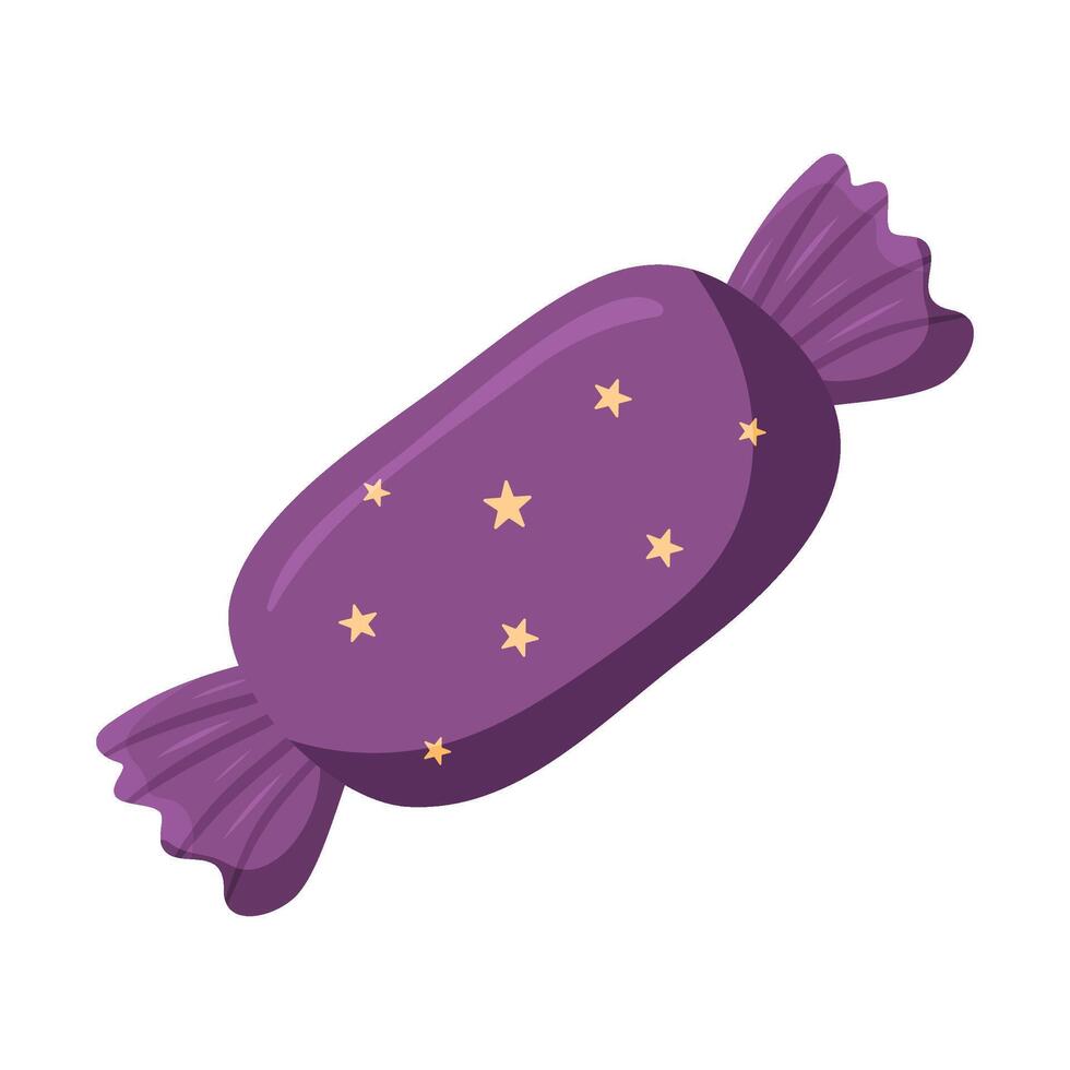 Wrapped purple candy with yellow stars, flat style, sweet treats or festive confectionery vector
