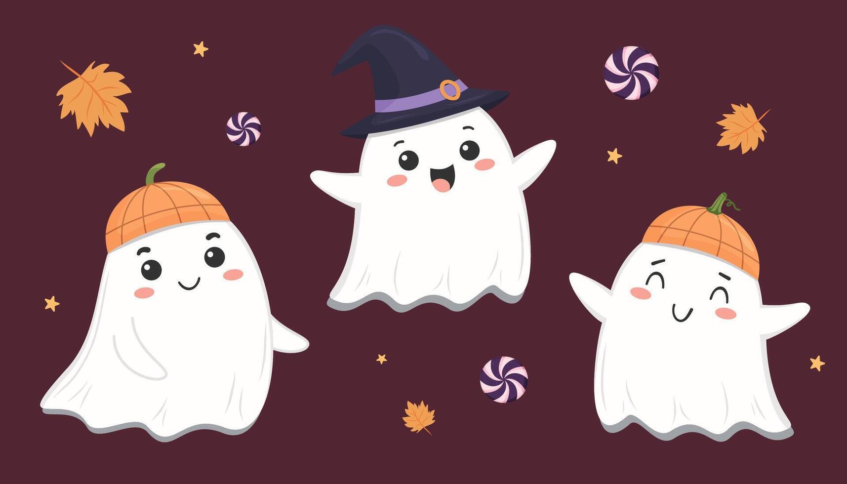 Three cute Halloween ghosts with candy vector