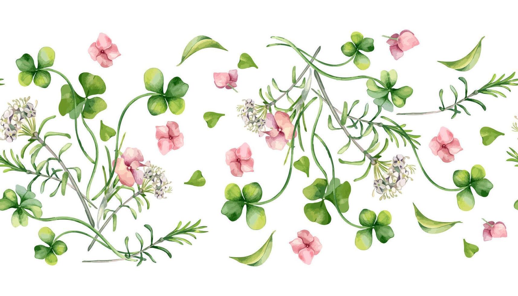 Seamless floral border with pink hydrangea, clover and white flowers watercolor illustration isolated. Realistic spring plants on repeated background hand drawn. Botanical design for banner, textile vector