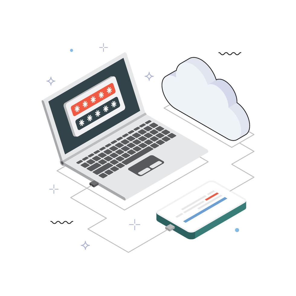 Laptop Connecting to Cloud Storage Isometric Illustration. EPS 10 File vector