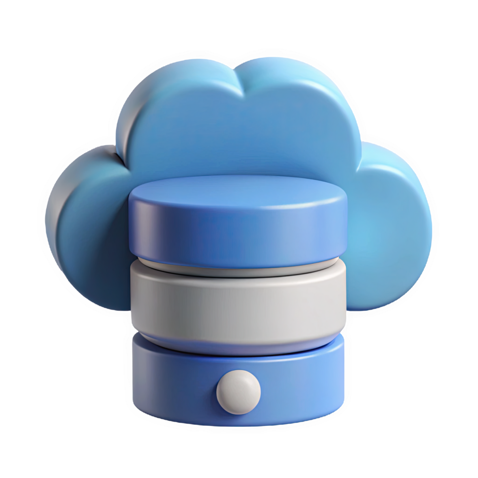 3 re hacer de un ligero azul nube icono descansando encima un apilar de cilíndrico base de datos servidor elementos con un blanco botón aislado en un transparente antecedentes png