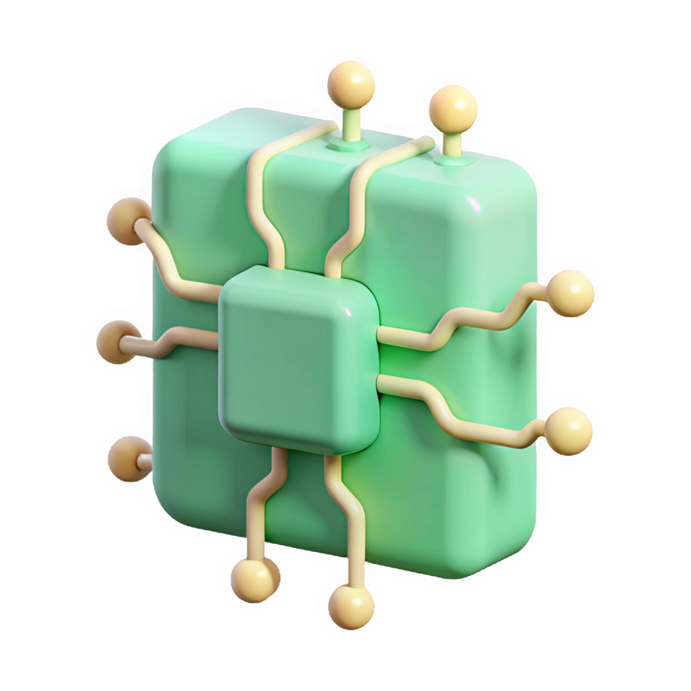 3 D Render of a Pastel Green Circuit Board Icon with Simplified Traces and Pale Yellow Connectors Isolated on a transparent background png