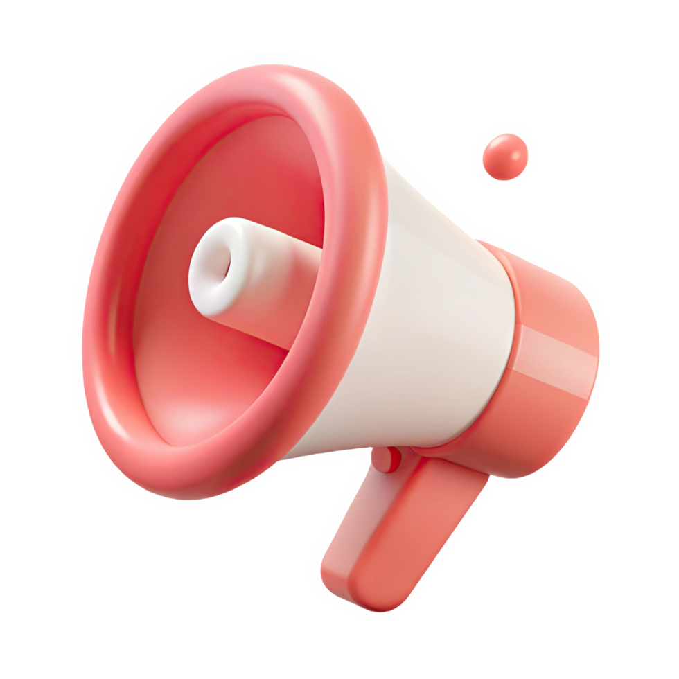 3 D Render of a Pastel Pink and White Megaphone Icon with Rounded Edges and a Small Pink Handle Soft Rounded Design isolated on a transparent background png