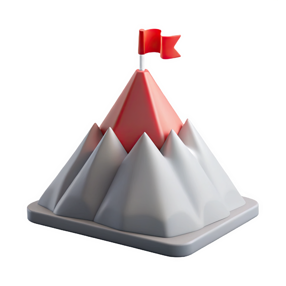 3 D Render of a Stylized Mountain Peak Icon with a Small Red Flag Planted on Top Light Gray Base isolated on a transparent background png