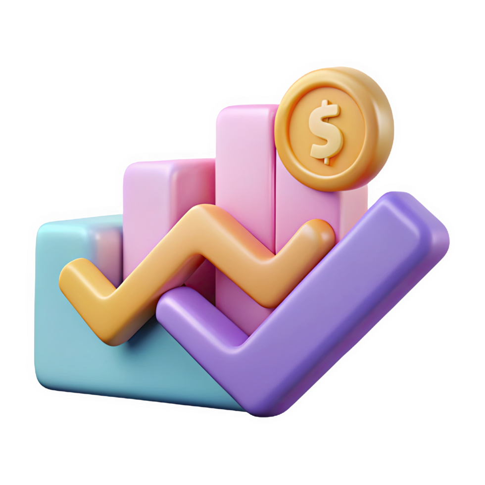 3 D Render of Pastel Pink Purple and Orange Financial Line Chart Icon with Upward Trend and Gold Dollar Coin isolated on a transparent background png