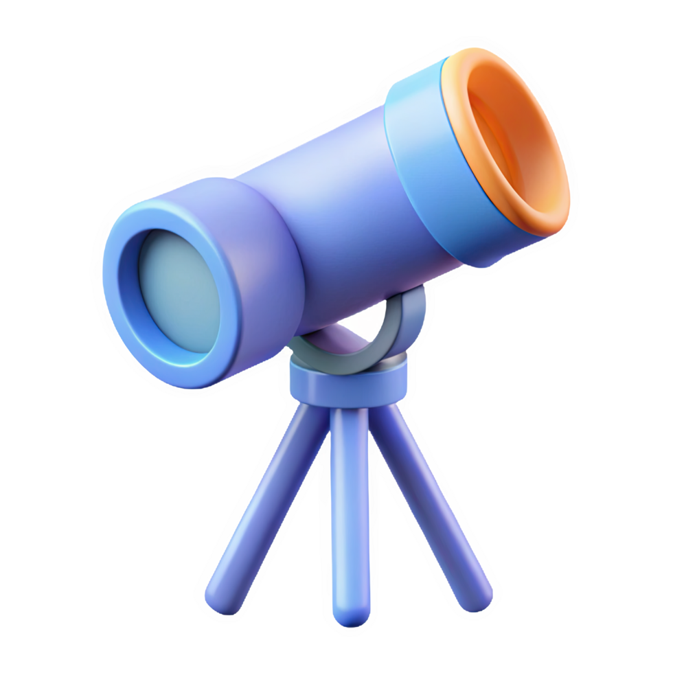 3d cartoon telescope on a tripod with blue and orange accents isolated on a transparent background icon png