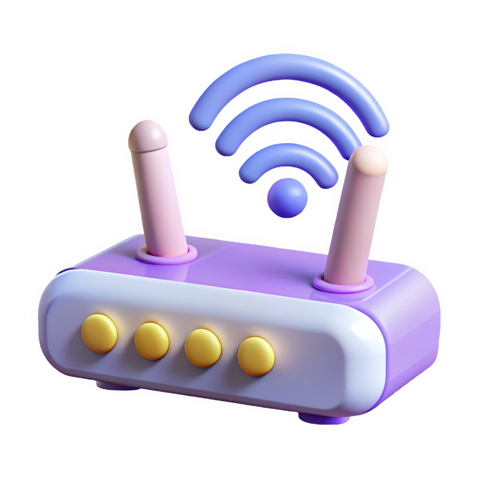 3d purple and white wireless router with pink antennas and yellow buttons emitting blue wifi signal waves isolated on a transparent background png