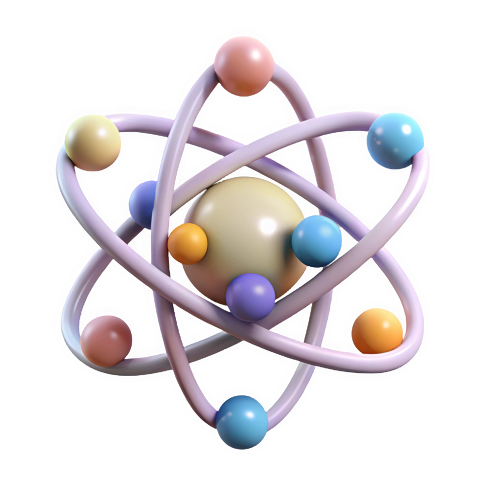 Pastel 3 D Atom Icon with Orbiting Spheres Light Purple Orbitals Beige Central Sphere Small Spheres Orange Yellow Blue Pink Purple isolated on a transparent background png