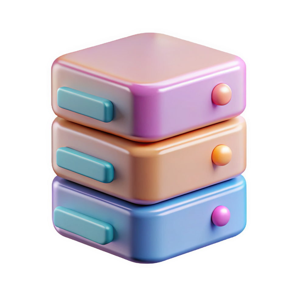 Stacked Pastel 3 D Server Rack Icon with Teal Handles and Peach Orange Pink and Blue Cubes Isolated on a transparent background png