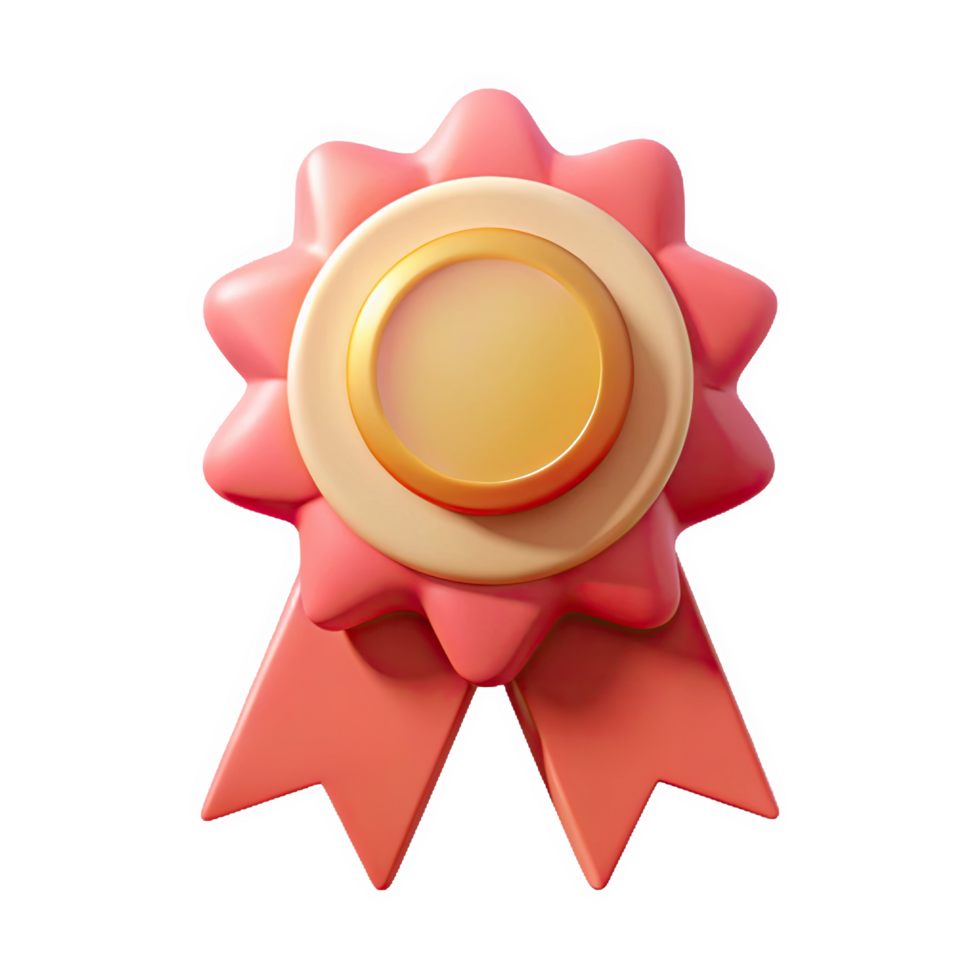 Three dimensional coral pink award ribbon icon featuring a circular golden yellow badge isolated on a transparent background png